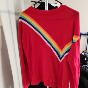 Vibrant Red Women's Sweater with Rainbow Accents